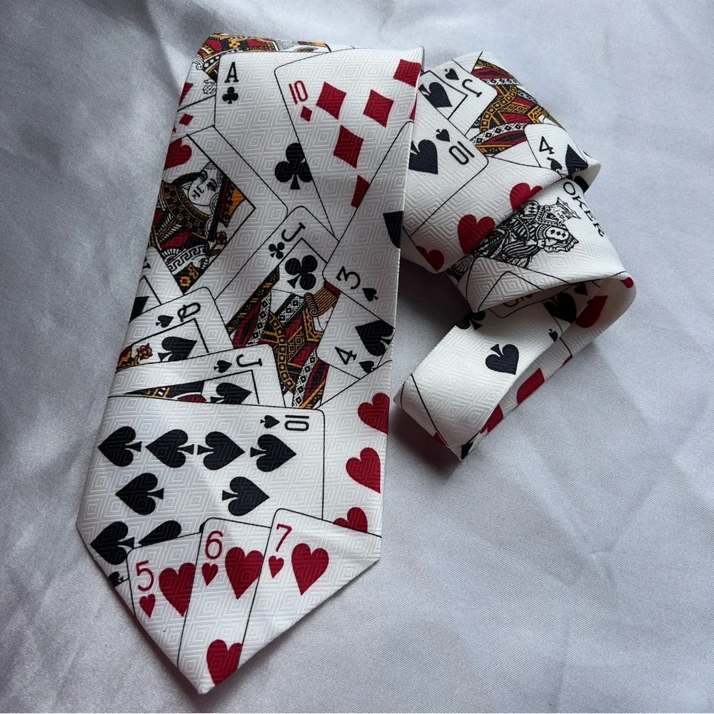 UMA LORENZO COLLECTION Menswear Cream Off White Play Cards Joker Pattern Necktie